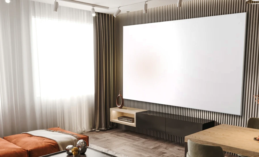 Kino Rahmenleinwand, Beamerleinwand im Wohnzimmer vor einer Couch