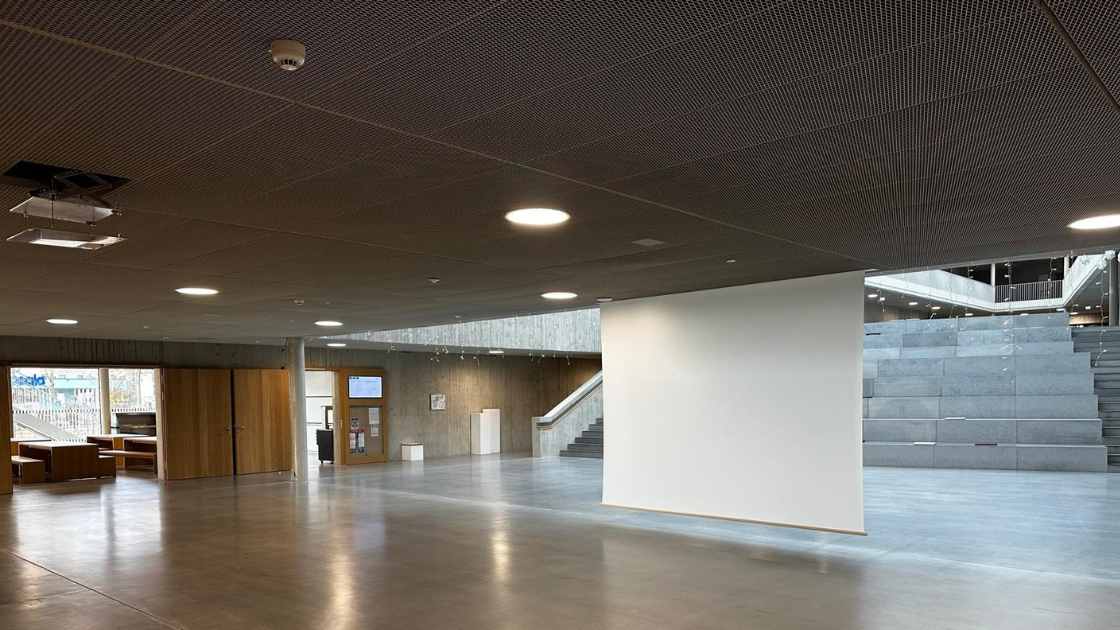 Rückpro- und Aufpro-Deckeneinbauleinwand in einer Schule