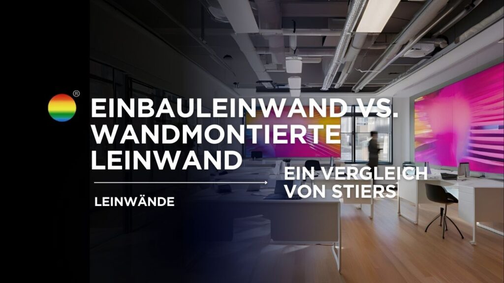 Modernes Büro mit einer großen, wandmontierten Leinwand und Einbauleinwand im Vergleich.
