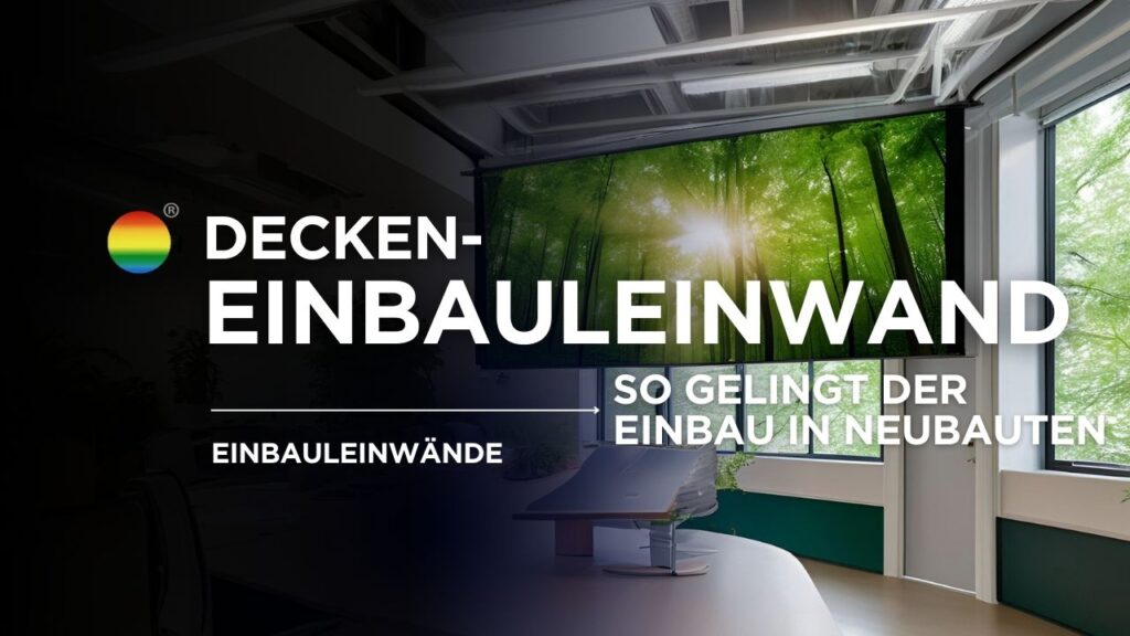 Modernes Büro mit einer an der Decke integrierten Einbauleinwand, die eine Naturprojektion zeigt.