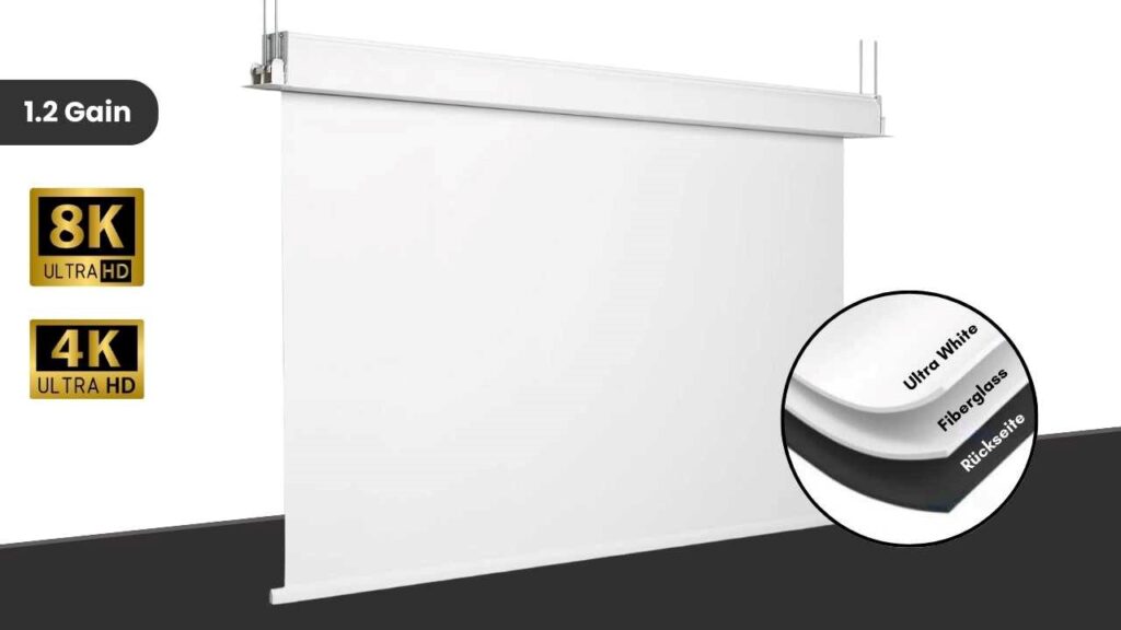 Deckeneinbauleinwand mit Ultra-White-Projektionsfläche, 8K und 4K kompatibel, mit 1.2 Gain und dreischichtigem Aufbau